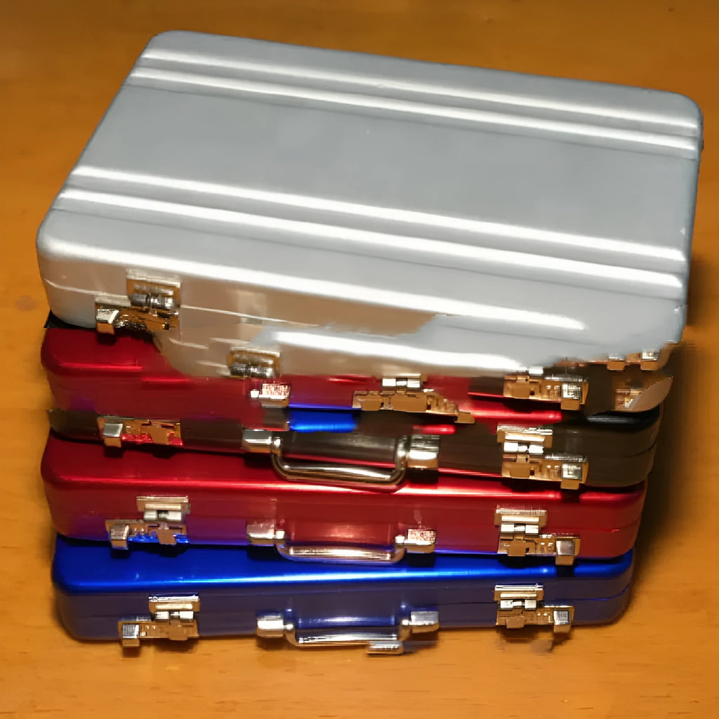 Slim aluminium metal card holder in six colour options: red, blue, black, silver, pink, and gold.