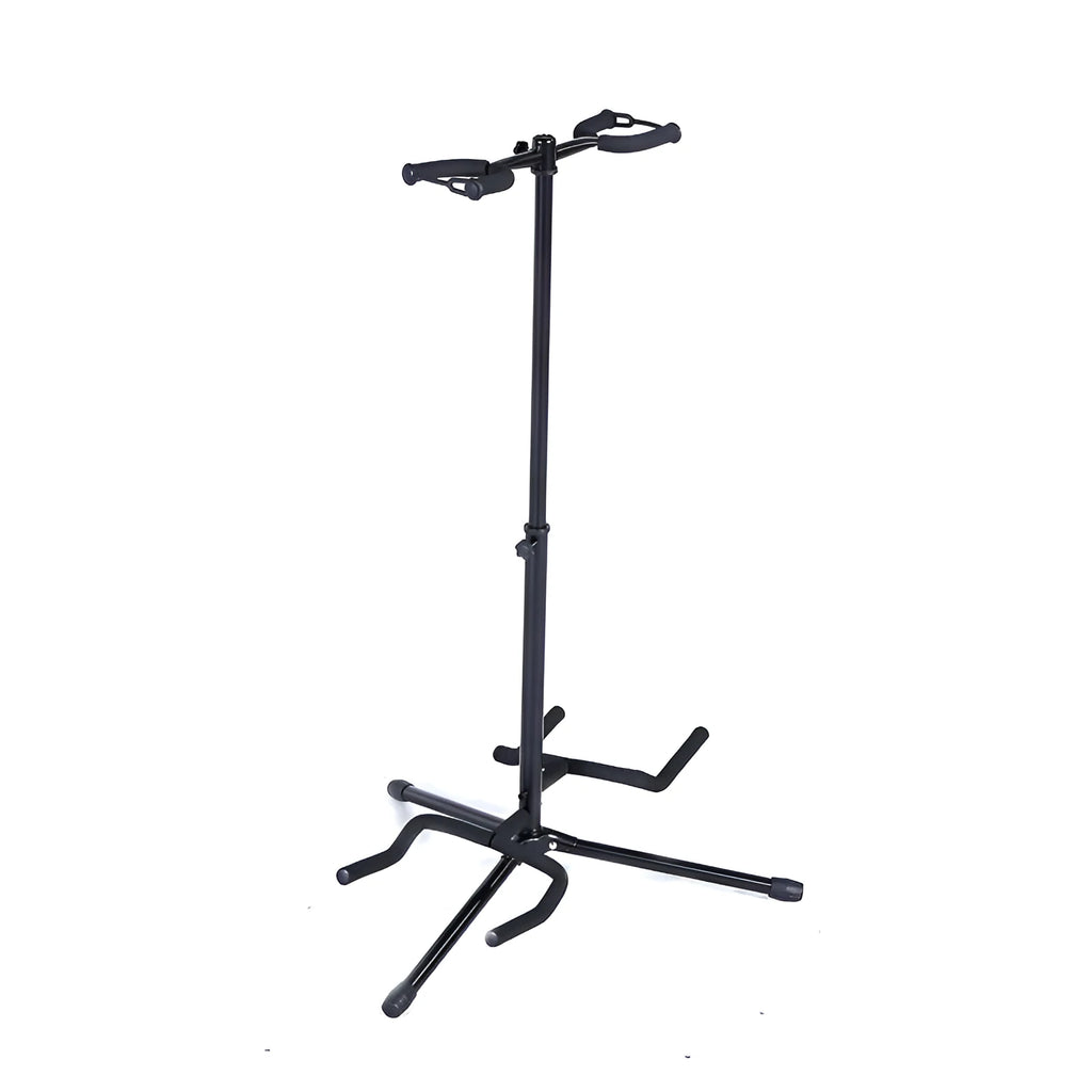 Black vertical double-headed adjustable guitar wall mount stand holding two guitars