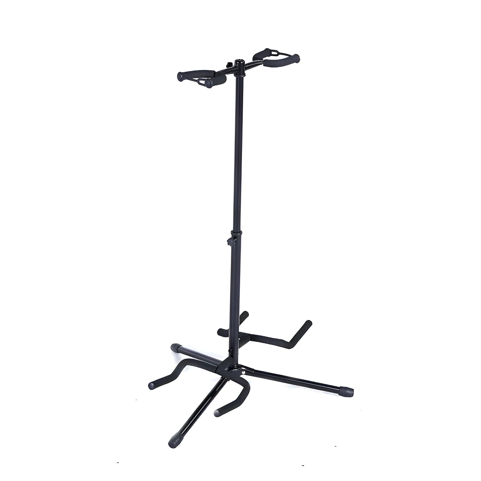 Black vertical double-headed adjustable guitar wall mount stand holding two guitars