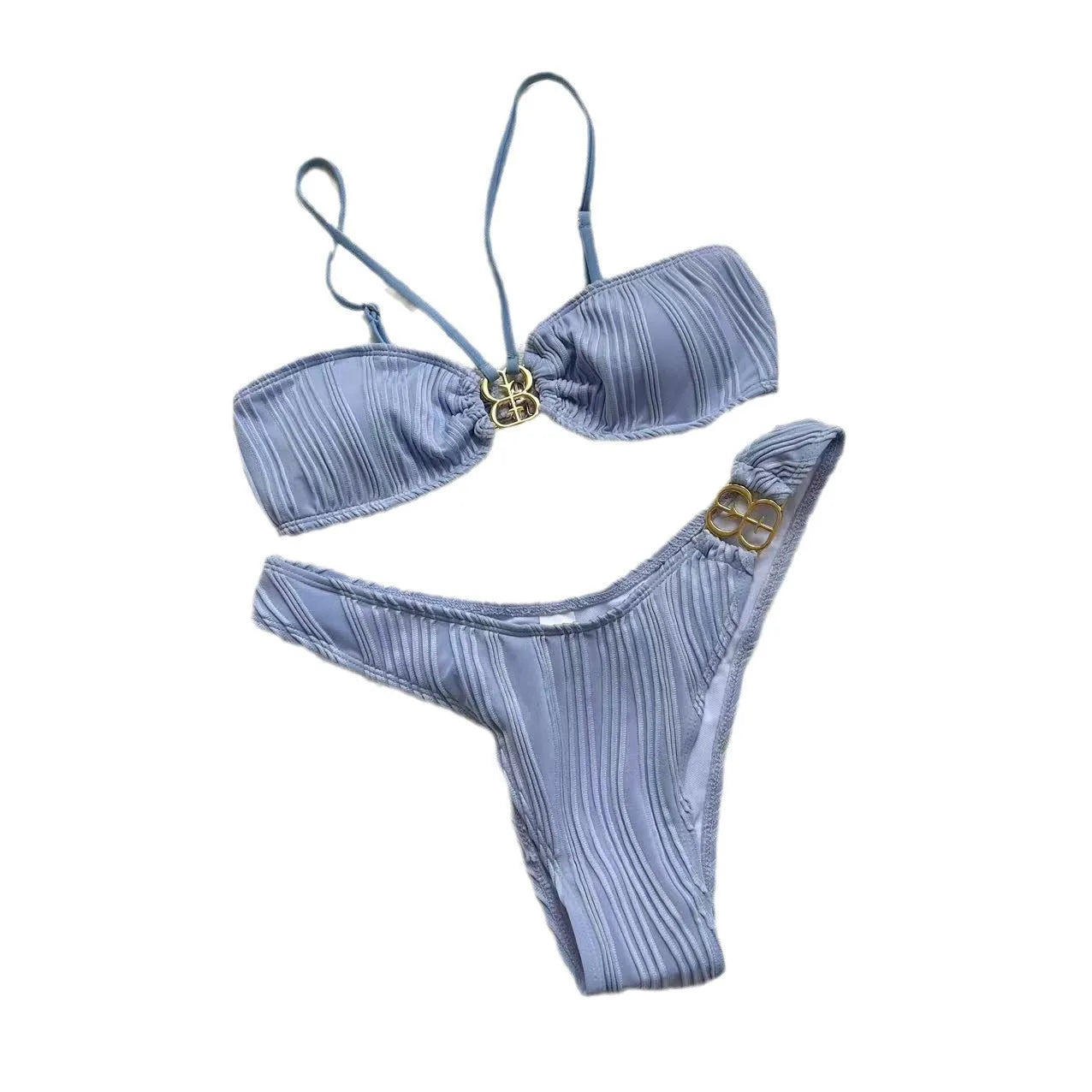Women's solid colour bikini set showing top and briefs on a mannequin.