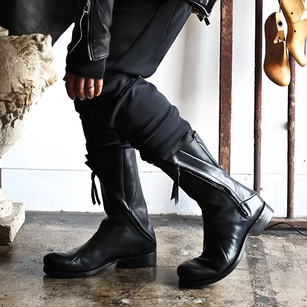 Japanese irregular deconstructed leather boots for men in black retro high-top round-toe style with zipper closure