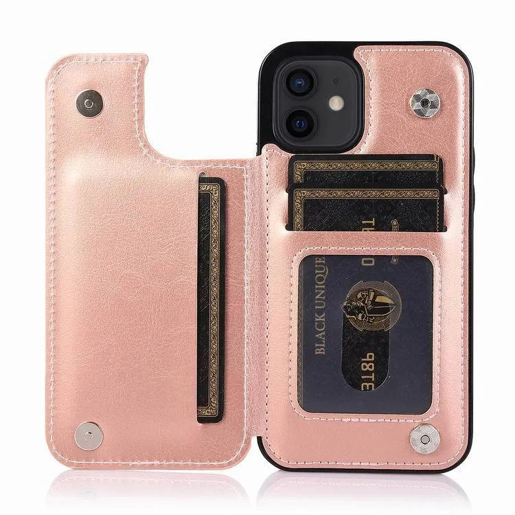 Brown crazy horse pattern iPhone 13 phone case with a double buckle belt holster attached