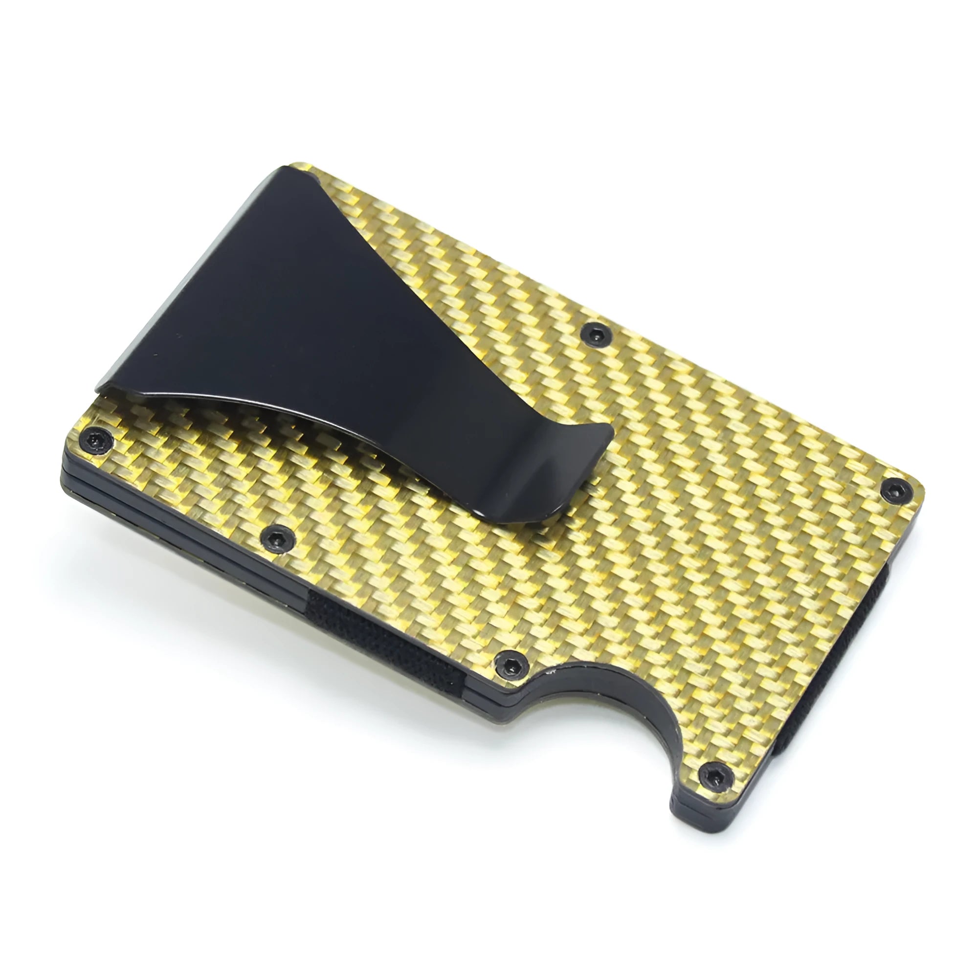 Slim black carbon fibre card holder wallet with geometric design on a gift box.