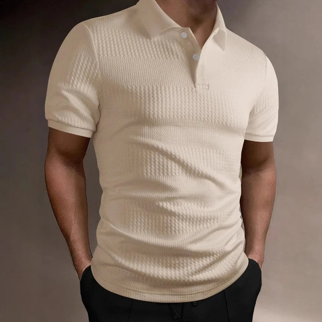 Striped men's polo shirt in loose fit design with short sleeves, shown in multiple colour options