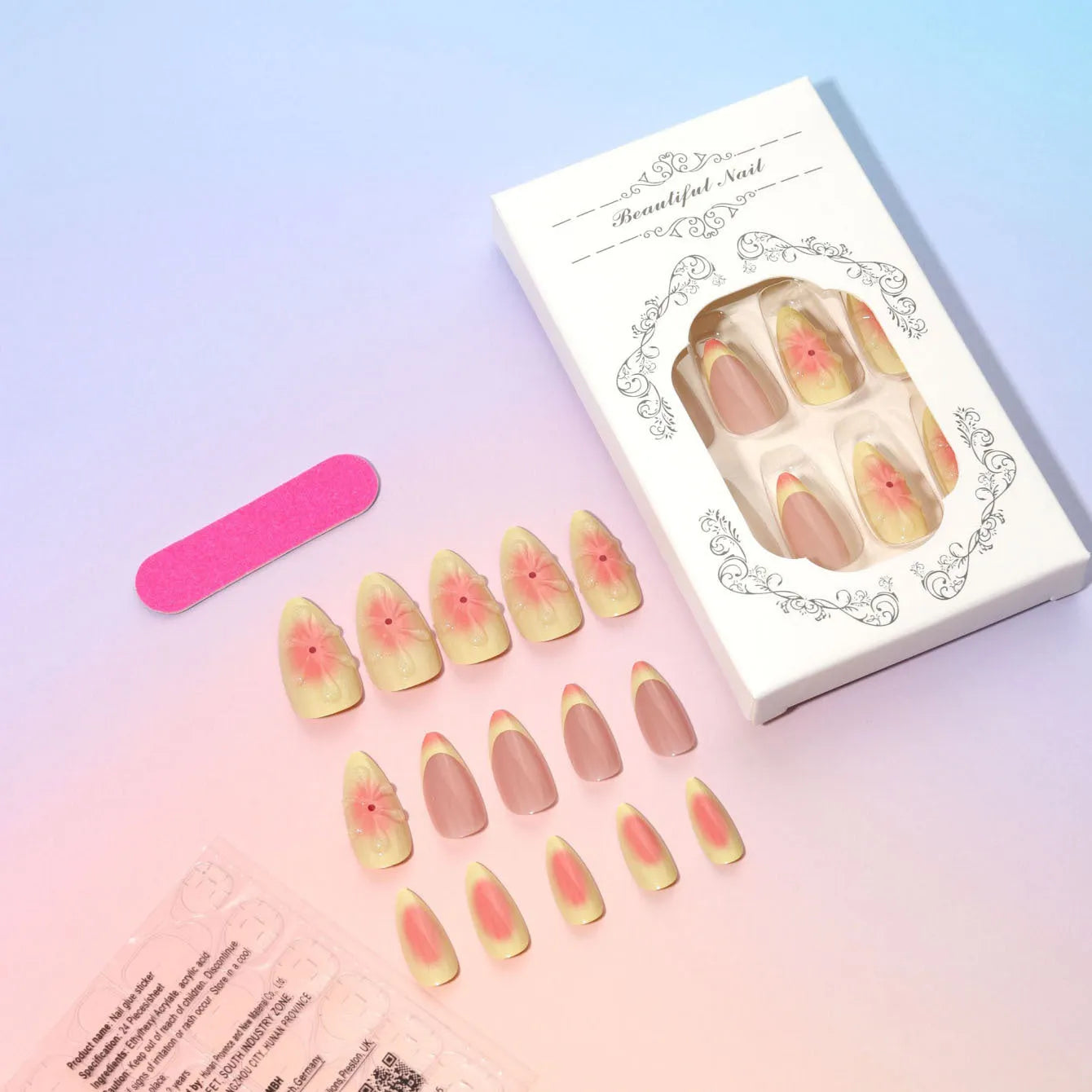 Simple fake nails with 3D flower pattern and plastic wearable armour pieces