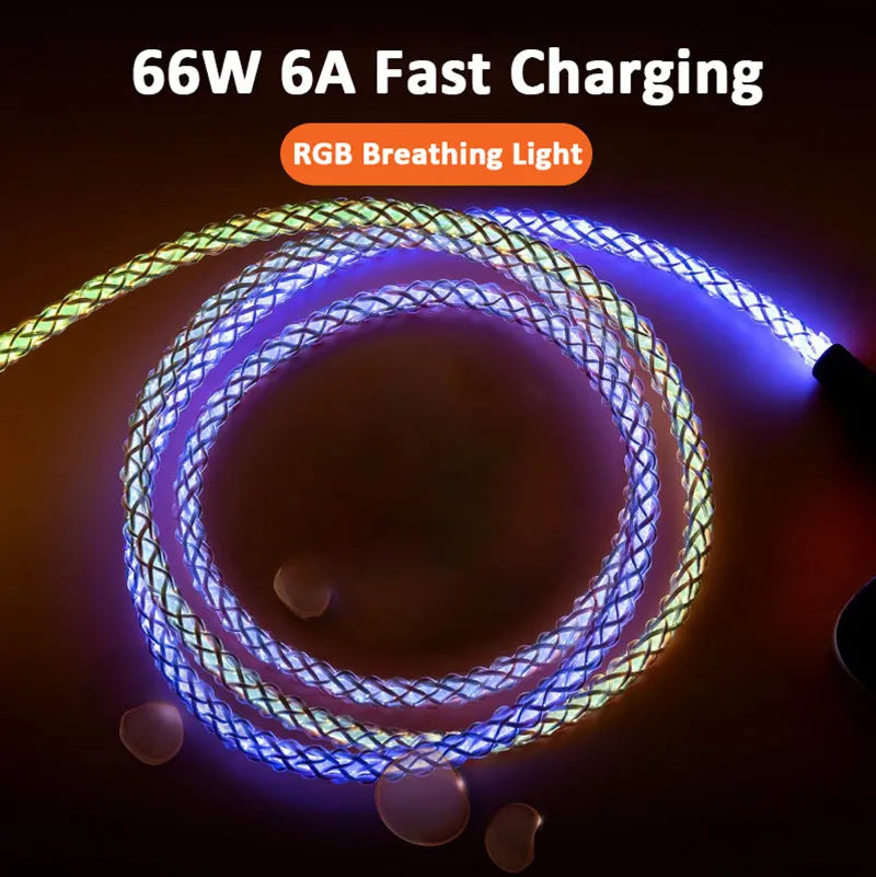 Colourful phantom gradient charging cable with Lightning, Micro USB, and Type-C connectors on a 1.2m cable