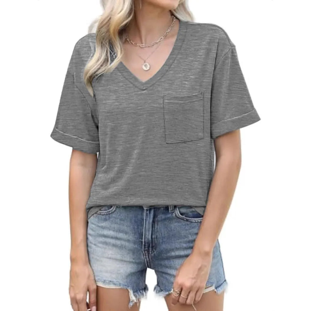 Grey loose fit V-neck short sleeve T-shirt with a front chest pocket.