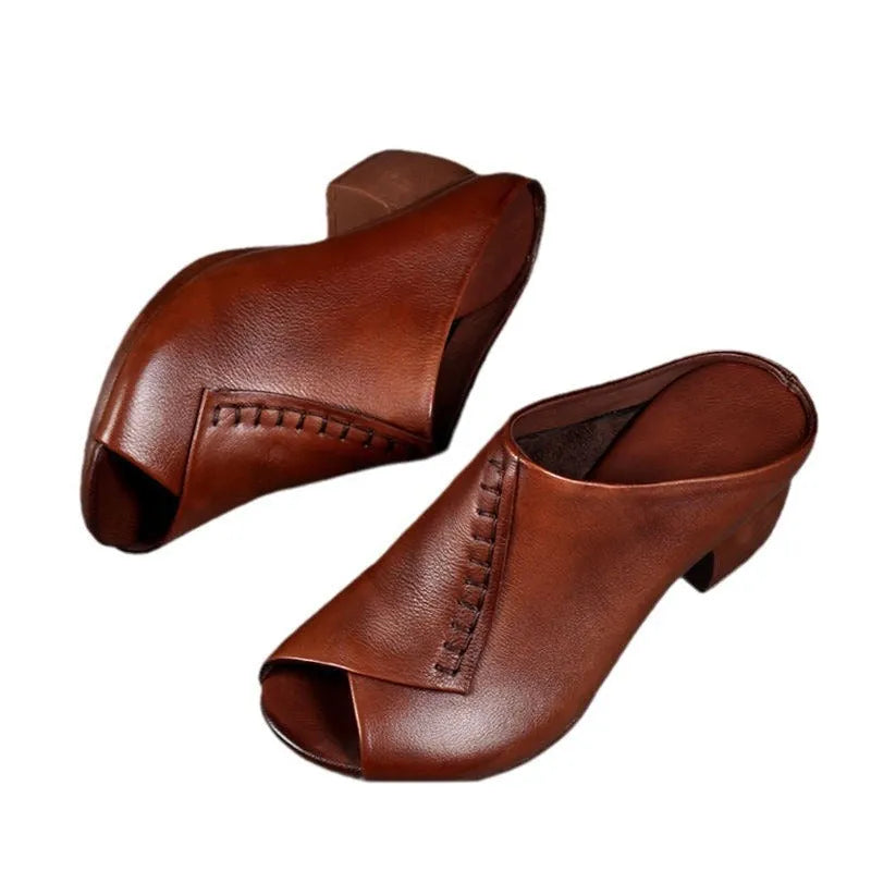 Women's black square heel peep toe slippers with fish mouth scaffold design