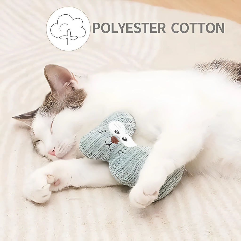 Cyan knitted plush cat toy with organic catnip and bell for chew-resistant play.