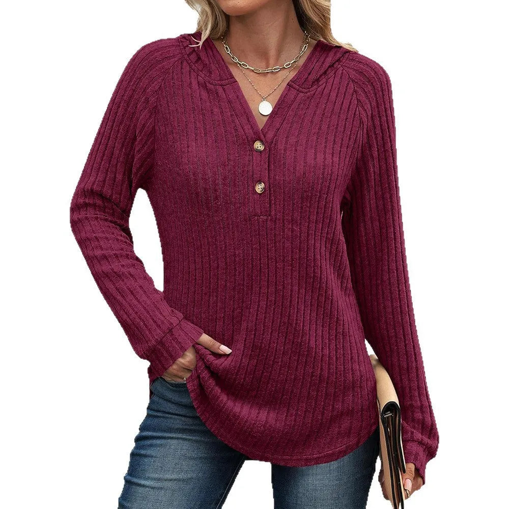 Women's solid colour V-neck button loose hooded fleece knitted top in casual Japanese Korean style