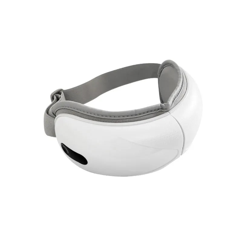 White rechargeable eye massager with hot compress and airbag massage functions showing dimensions 140mm x 52mm x 150mm