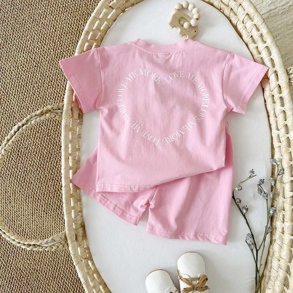 Korean style baby cotton two-piece suit set with heart printing and plaid pattern, shown in grey.
