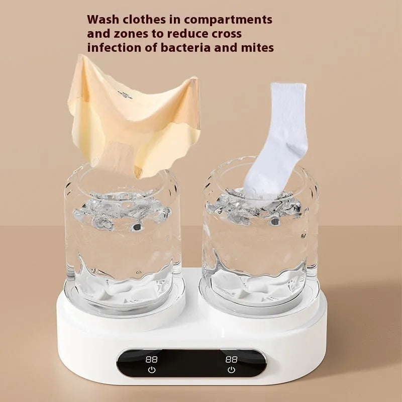White double bucket USB mini portable washing machine for laundry and delicates.