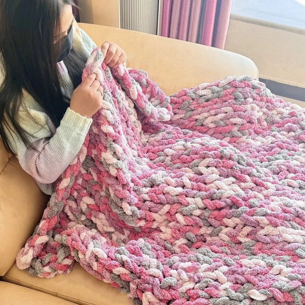 Coarse yarn chenille knitted blanket with braided gravity design in multiple colour options