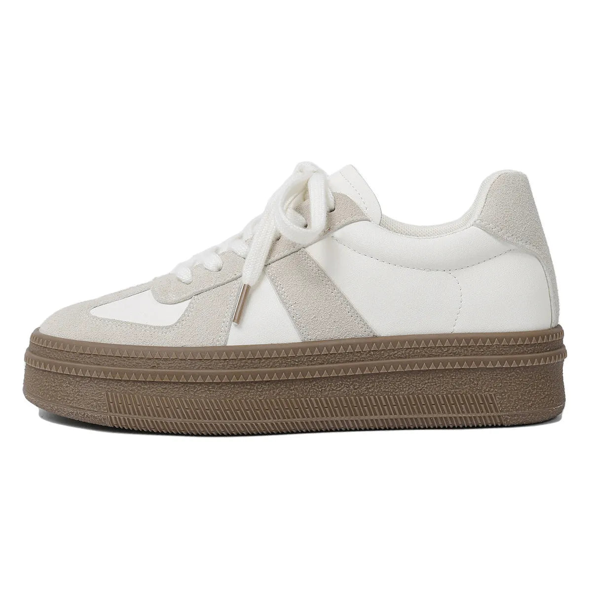 Retro sports board shoes with cross shoulder straps in milky white colour showing round toe and lace-up design