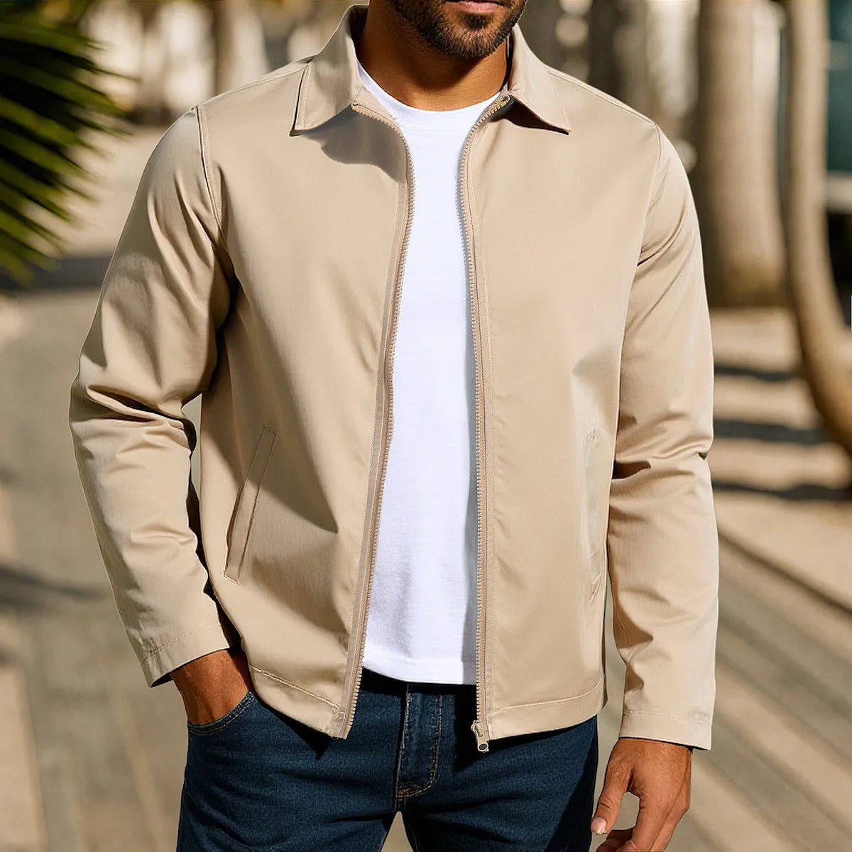 Men's zip-front cardigan jacket in a polyester blend with raglan sleeves, shown in emerald green.