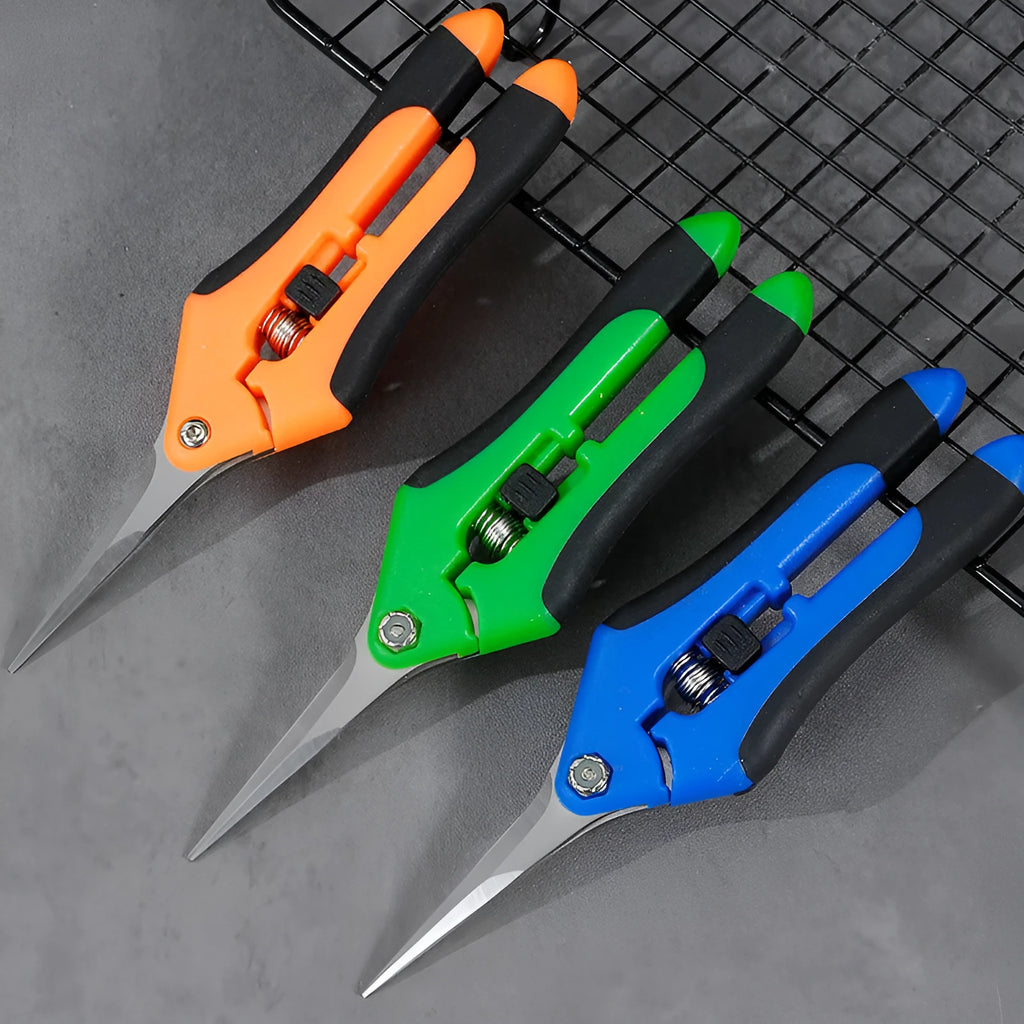 Set of three stainless steel pruning shears in yellow and orange with straight heads on white background