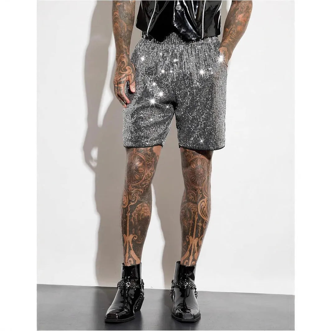 Men's silver sequin straight cut cotton blend shorts with elastic waistband