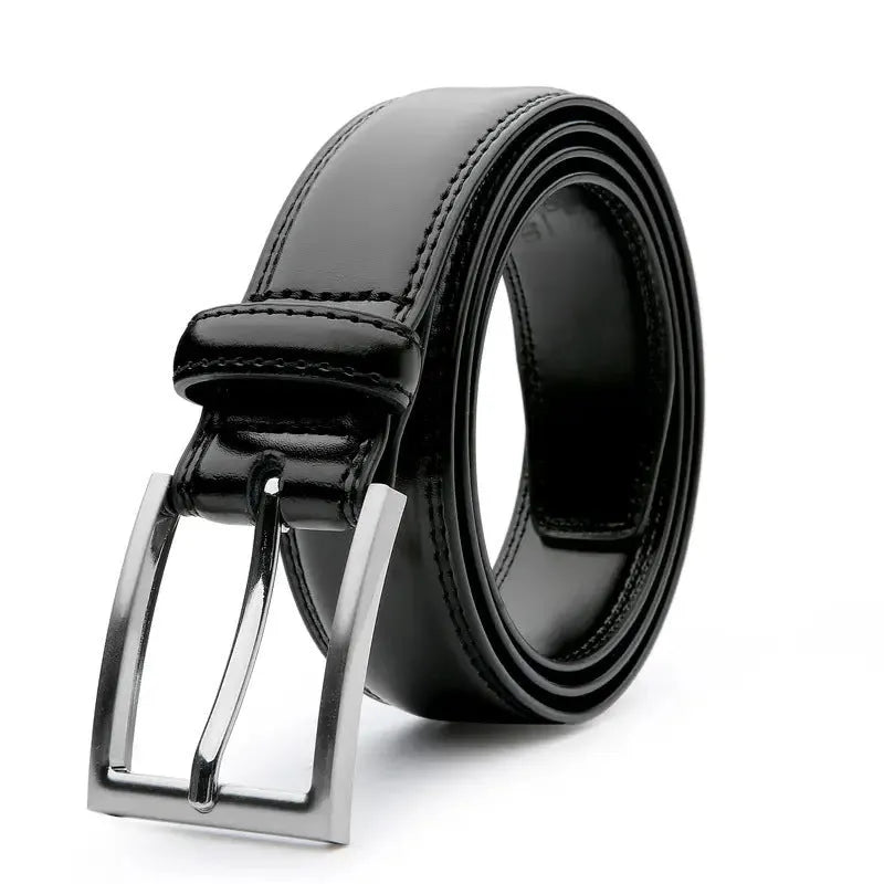 Men's brown genuine leather belt with 95 grain texture and a silver alloy buckle on a white background.