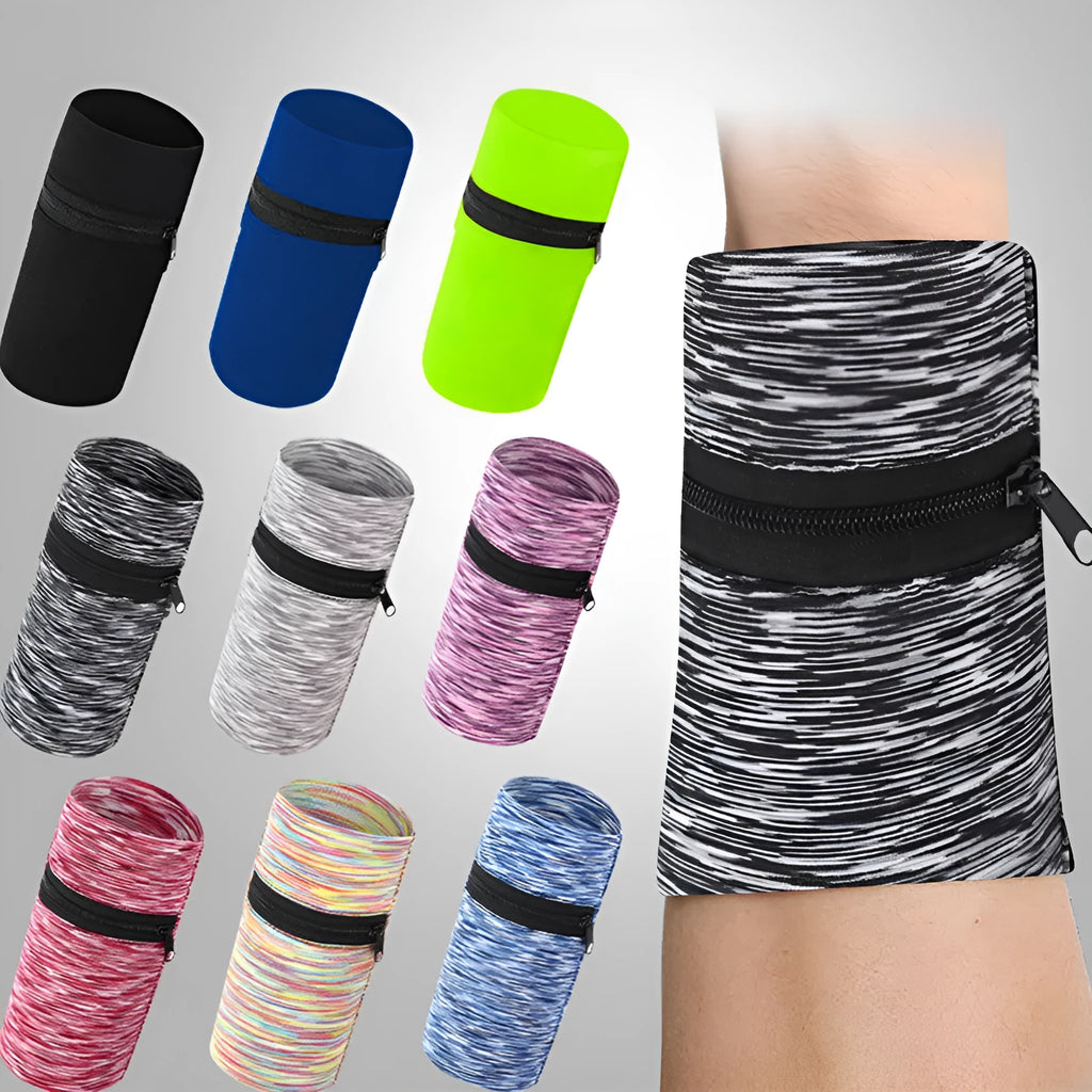 Polyester sports arm bag for mobile phones shown in multiple colours including striped patterns, worn on the arm.