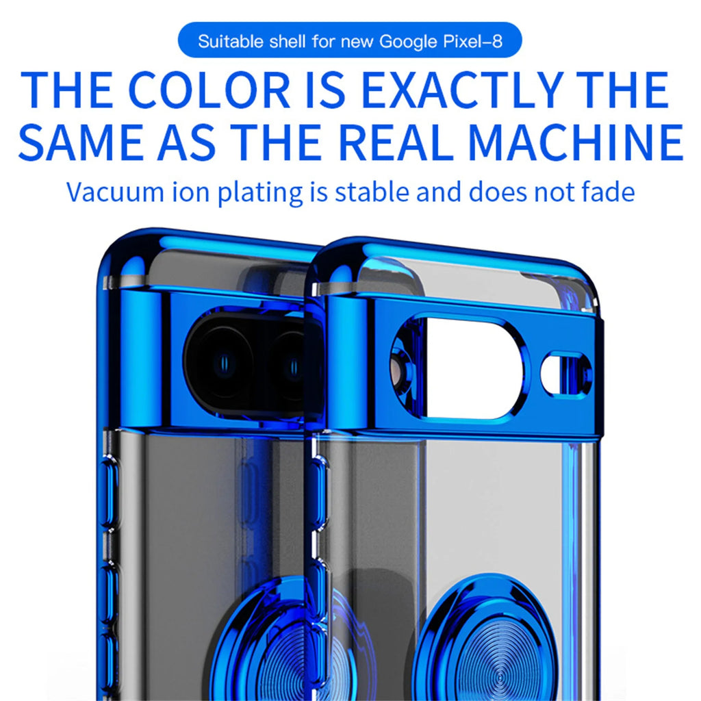Google Pixel phone case with electroplated silicone transparent back and magnetic ring in silver colour showing front and rear view