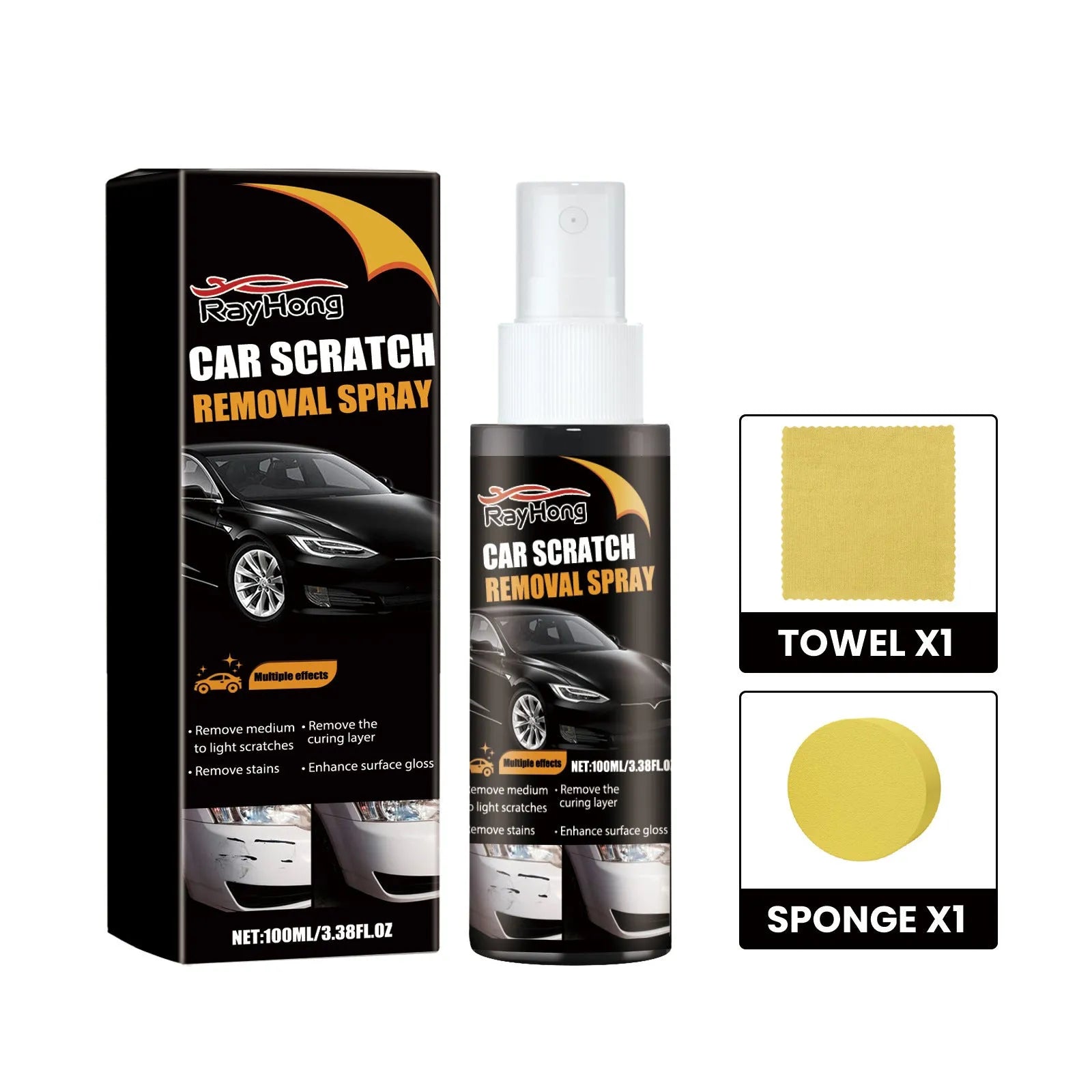 Car scratch repair kit with 100ml agent, sponge, and towel on a grey background