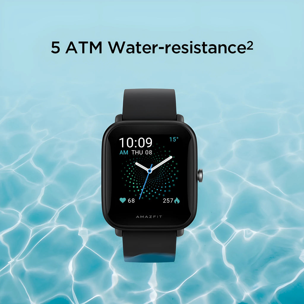Amazfit Pop Pro smartwatch with colour screen and silicone strap, showing GPS and waterproof features