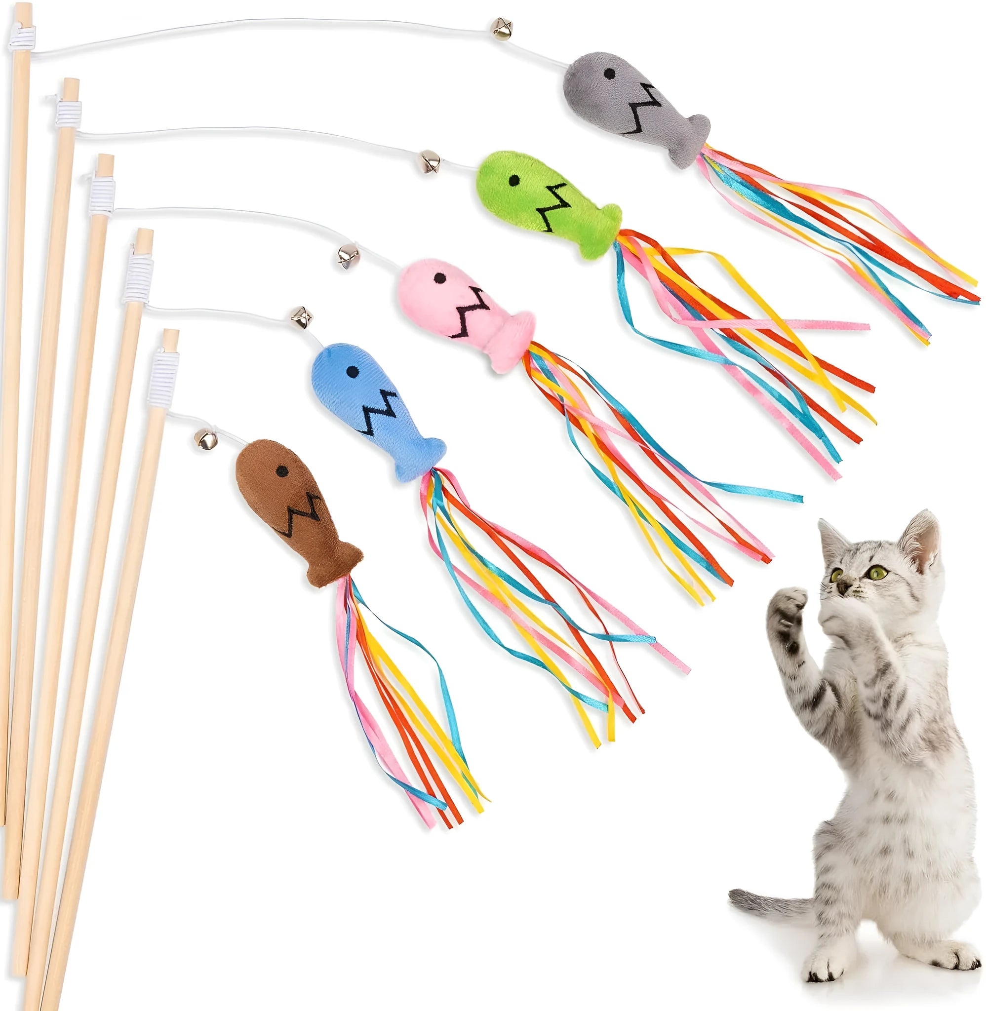 Cat wand toy with wooden handle, elastic rope, catnip fish, colourful ribbons, and bell