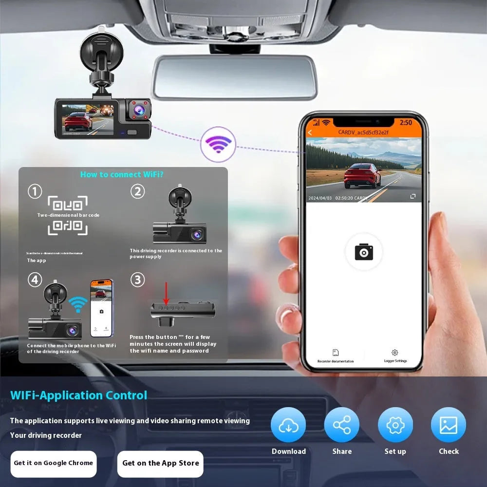 WiFi dash cam for car with front and rear recording on a 2-inch screen