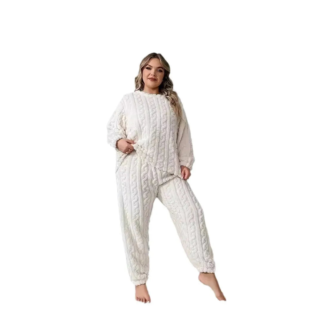 Women's milky white polyester two-piece pants suit with crew neck top and matching trousers