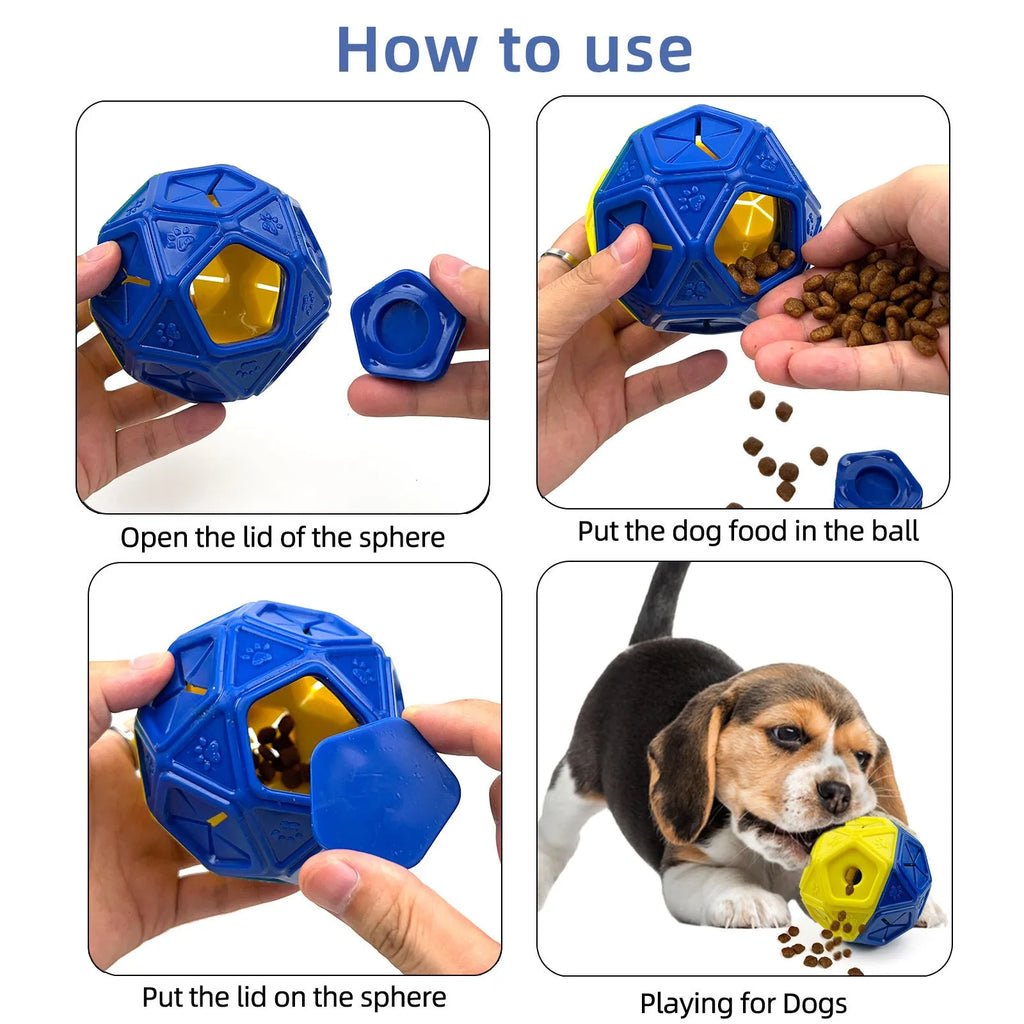 Blue or red hollow plastic dog puzzle toy for treat dispensing.