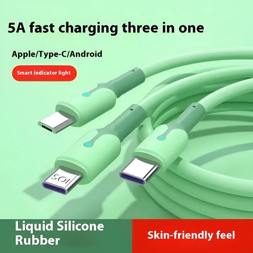 5A Super Three-in-one silicone charging cable with Lightning, Micro USB, and TYPE-C connectors in blue