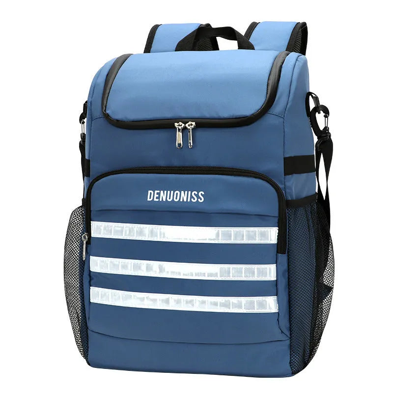 Insulated 20 litre backpack with a shoulder strap mounted bottle opener in black, blue, pink, or red.