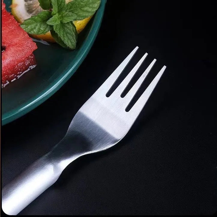 Silver stainless steel watermelon fork slicer with extended handle and rounded fork head