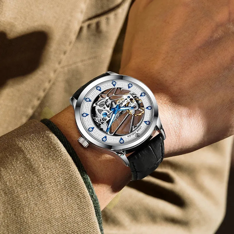 Men's silver waterproof mechanical watch with white dial, luminous blue hands, and black leather strap.