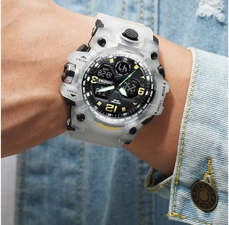 Men's electronic sports watch with dual analogue and digital display showing black plastic case and strap