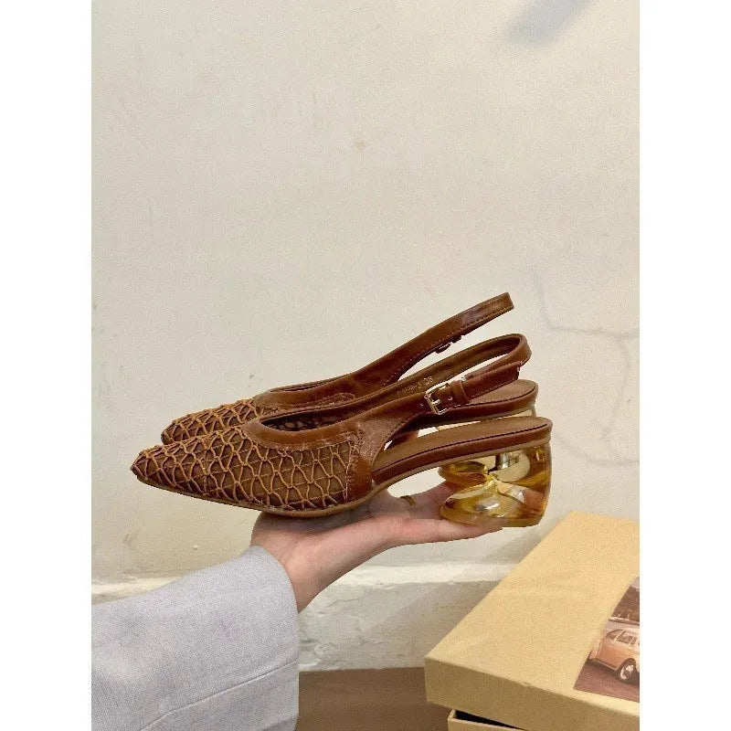 Women's square toe slingback sandals with woven detail in microfiber and rubber sole