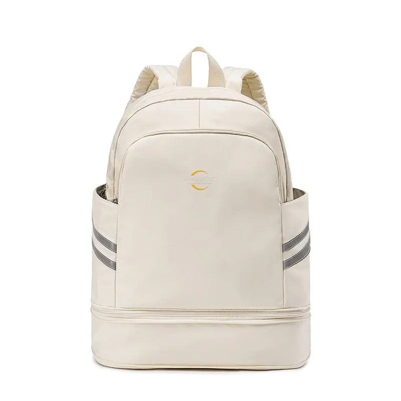 Women's travel backpack with dry-wet separation compartments in beige colour showing curved shoulder straps