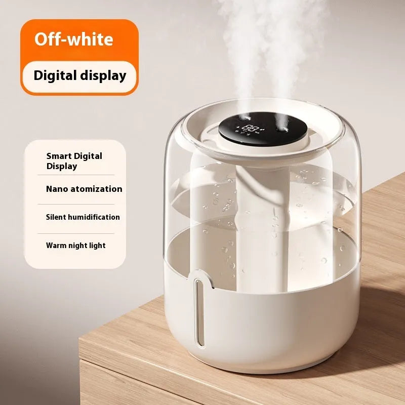 Beige round humidifier with dual spray nozzles, humidity display, and USB power port