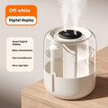 Beige round humidifier with dual spray nozzles, humidity display, and USB power port