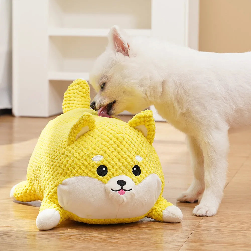 Plush dog calming toy with squeaker for puppies, available in large and medium bite-resistant options