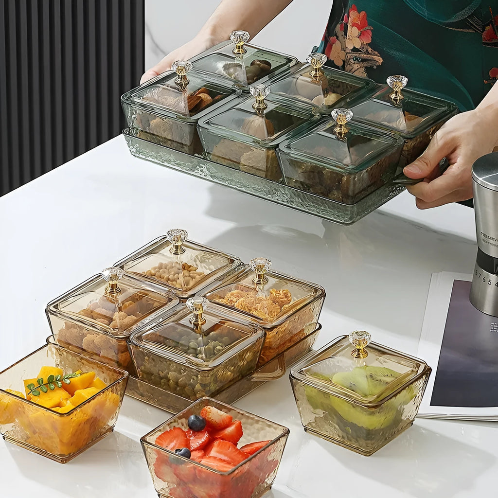 Plastic dried fruit snack tray with three, four or six grid compartments in amber or dark green