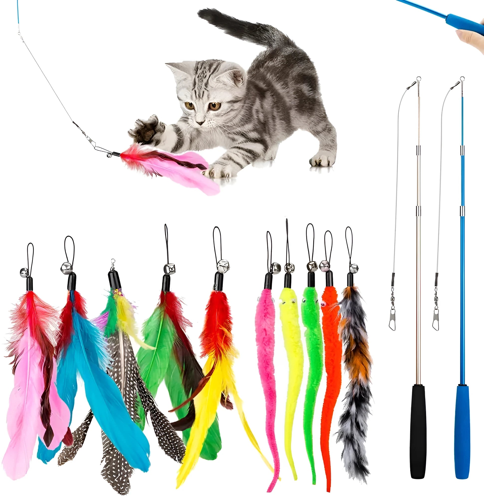 Cat teasing pole set with extendable fishing rod wand and feather attachments