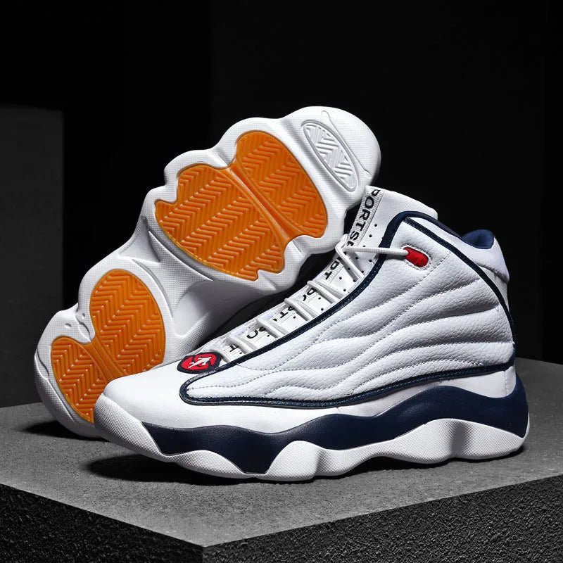 High-top basketball trainers in AJ13 colours with mesh upper and thick rubber sole.