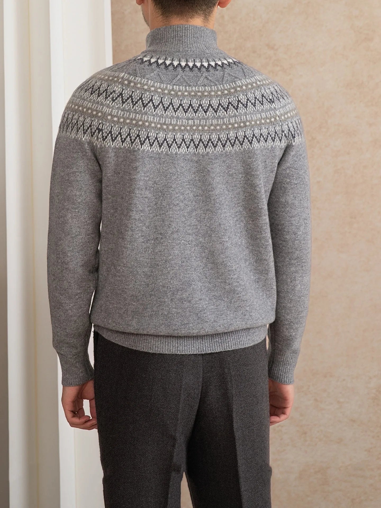 Wool slim fit stand collar embroidered sweater in medium gray with zipper placket, men's long sleeve vintage style