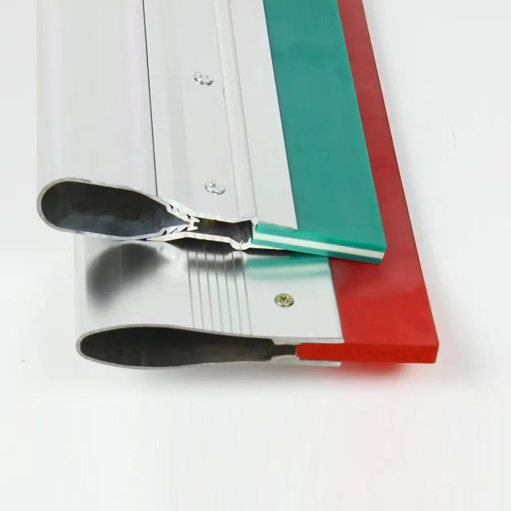 Green aluminium alloy squeegee with a 50cm long metal handle and 10cm wide blade.