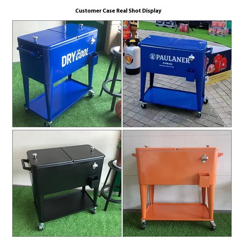 Red outdoor insulated metal cooler trolley with iron frame and 750 capacity