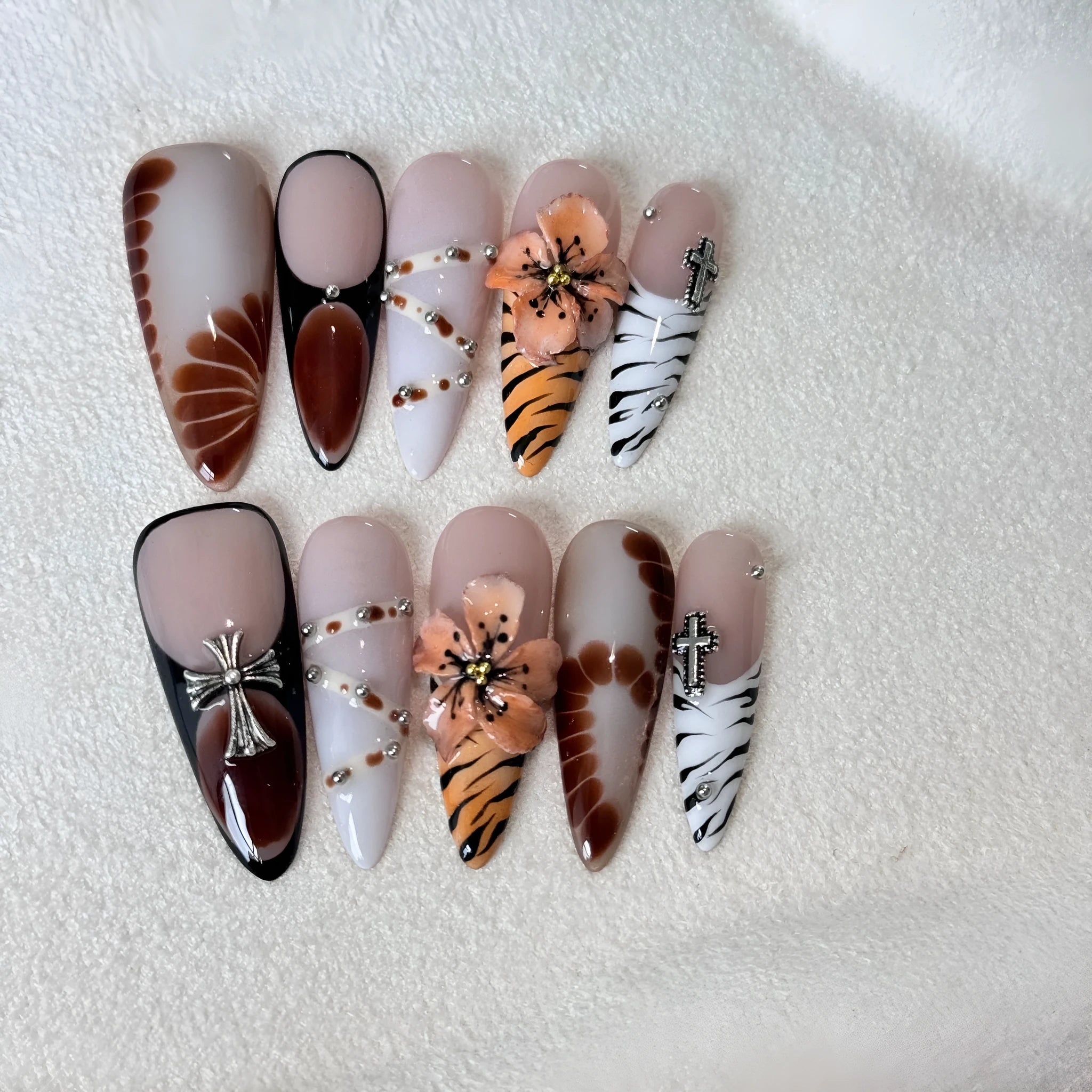 French style leopard print, flower and cross pattern nail armour stickers pack.