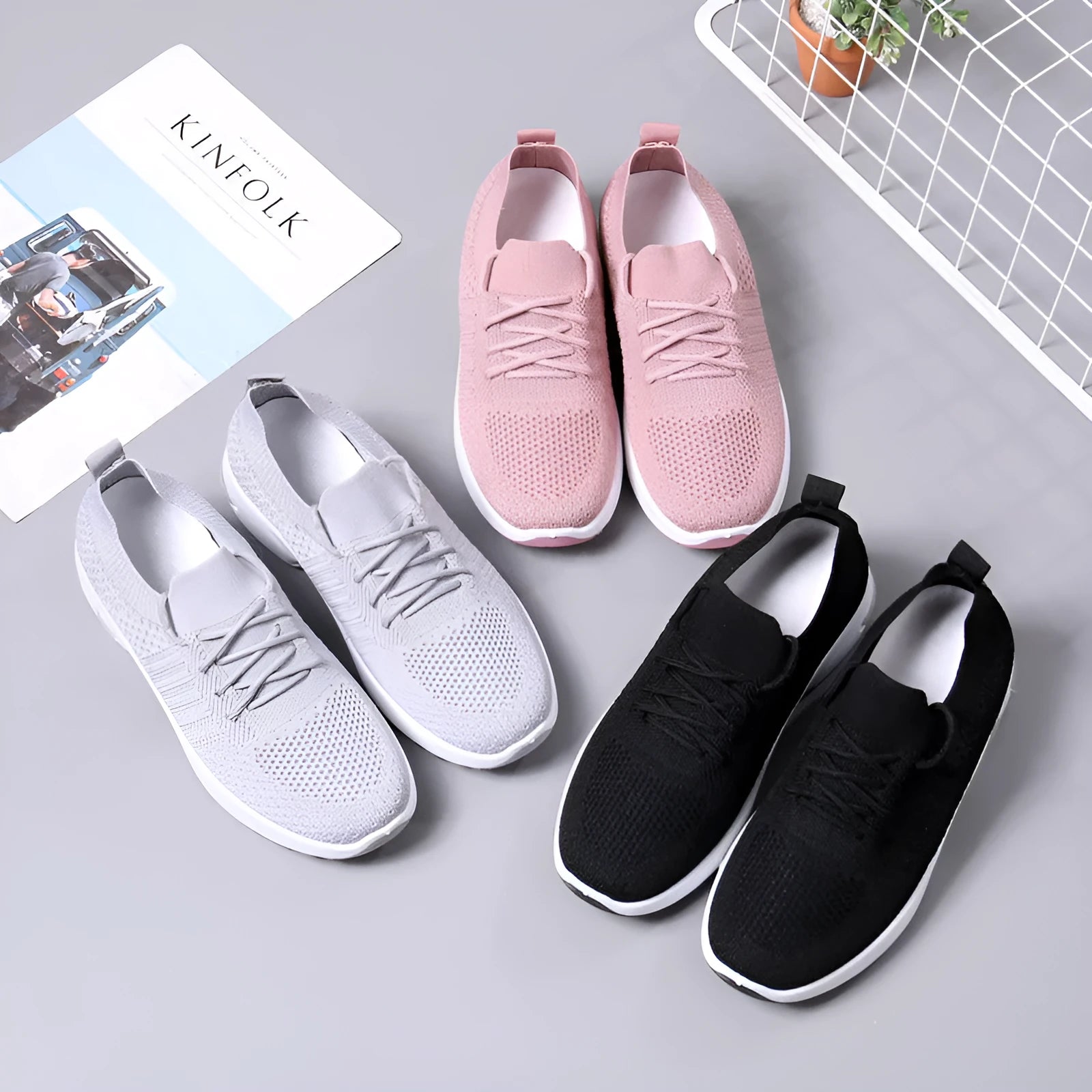 Women's casual lace-up sneaker with mesh upper and solid colour option