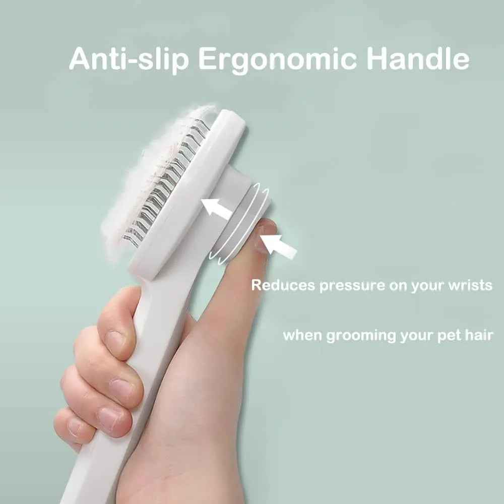 Blue self-cleaning cat and dog grooming brush with rubber-tipped pins and a non-slip rubber handle.